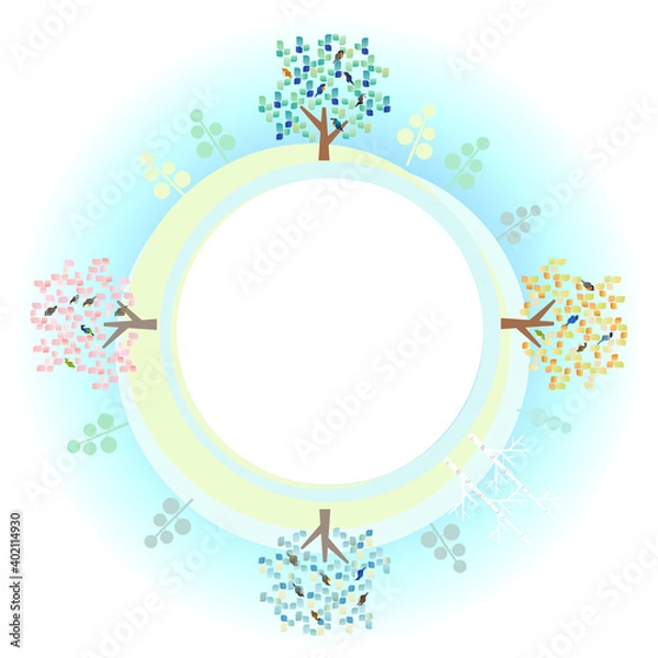 Obraz 鳥が集まる木と丘の四季のベクターパノラマラウンドイラスト