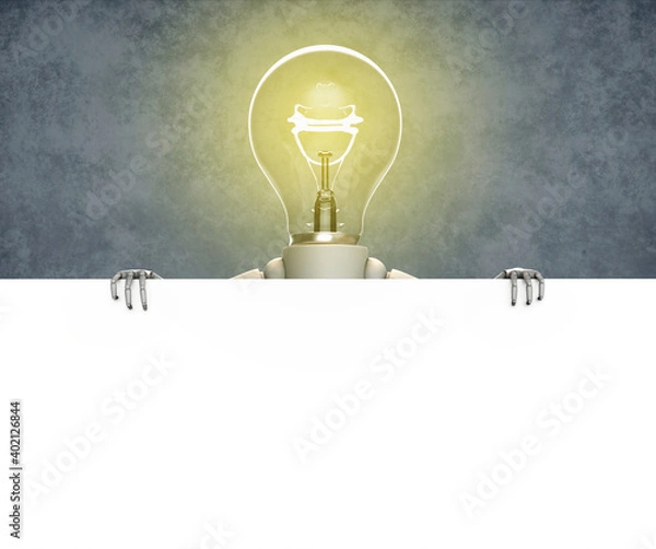 Fototapeta Front view of a light bulb character with lit bulb that is holding in front of him a horizontal big blank advert poster, on an abstract gray background