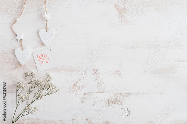 Obraz white heart and flowers with love card and copy space