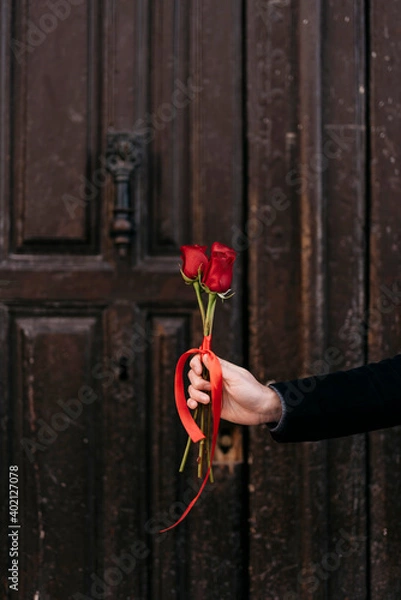 Obraz hand holding red roses bouquet