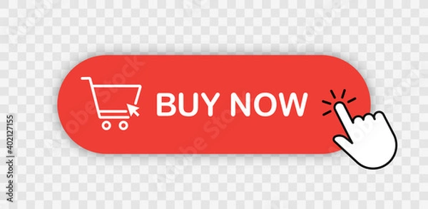Fototapeta Buy now red button with hand cursor. Button hand pointer clicking. Click here banner with shadow. Click button isolated. Online shopping. 