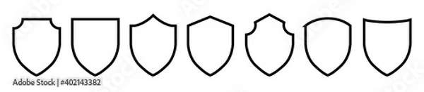 Obraz Black line shield icon set in vintage style. Protect shield security icons. Badge quality symbol, sign, logo, emblem. Vector illustration.