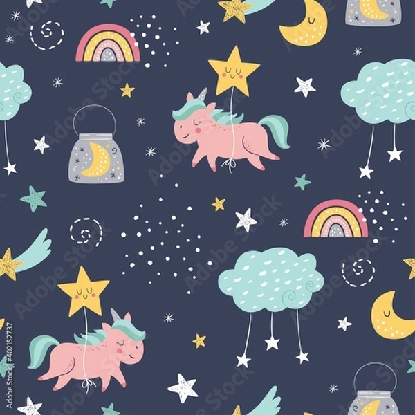 Fototapeta Seamless vector childish pattern with cute unicorn, moon, stars, rainbow, cloud. Creative scandinavian style kids texture for fabric, wrapping, textile, wallpaper, apparel.