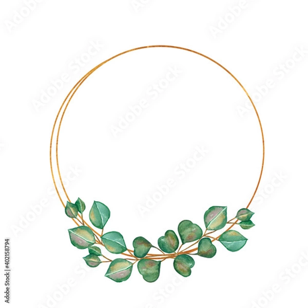 Obraz Watercolor hand painted nature round frame with green eucalyptus leaves on branch bouquet and golden border line composition on the white background for invitation and greeting card