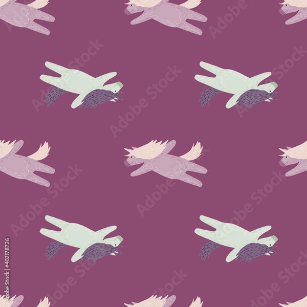 Fototapeta Creative seamless funny pattern with doodle unicorn simple ornament. Purple background. Animal print.