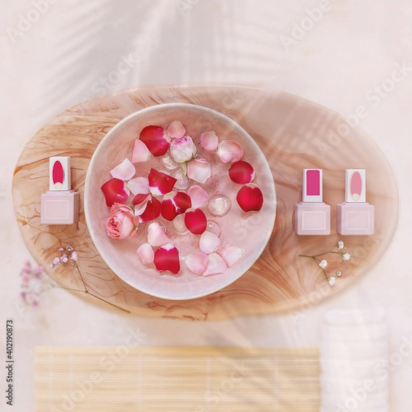 Fototapeta Preparation for a caring procedure in a manicure salon. Jars of nail Polish and a bath of nourishing water with rose petals on a pink table. Cosmetics mock up for manicure branding. Square orientation