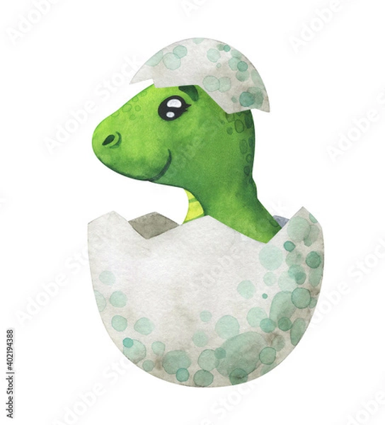 Fototapeta Green baby dinosaur hatched from an egg. Cartoon dinosaur in a shell. Children's watercolor illustration isolated on a white background. Cute character for decor, sticker, print with historical animal