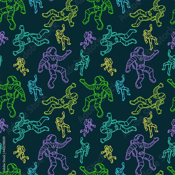 Fototapeta Neon astronauts on a blue space background