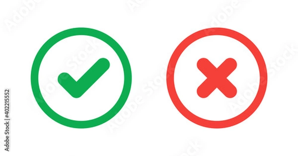 Obraz Green check mark and red cross icon.Set of simple icons in flat style: Yes/No, Approved/Disapproved, Accepted/Rejected, Right/Wrong, Correct/False, Green/Red, Ok/Not Ok. Vector illustration