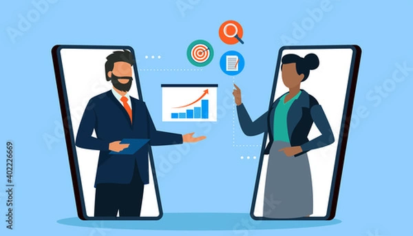 Obraz Vector of a business man and businesswoman chatting online discussing investment opportunities