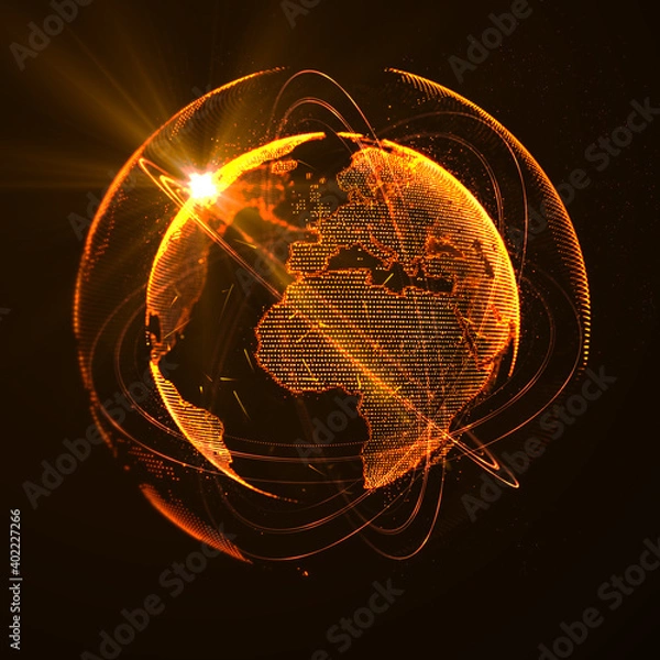 Obraz Orange Earth planet hologram with extra glowing double rings and glow digital globe world made of a number of dots
