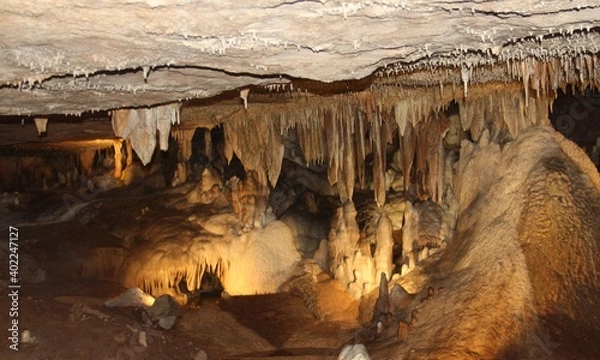 Fototapeta Stalactites hold tight to the ceiling, and Stalagmites grow to the ceiling from the floor. Fantastic Cavern, Springfield, Missouri. 