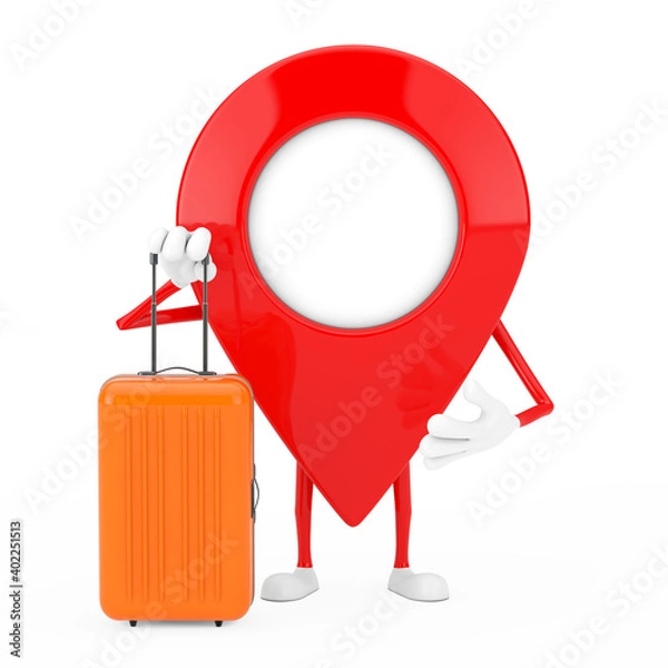 Fototapeta Map Pointer Pin Character Mascot with Orange Travel Suitcase. 3d Rendering