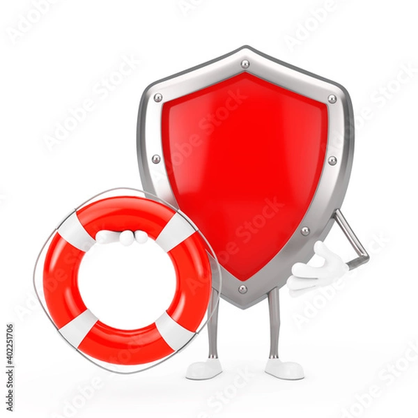 Fototapeta Red Metal Protection Shield Character Mascot with Life Buoy. 3d Rendering