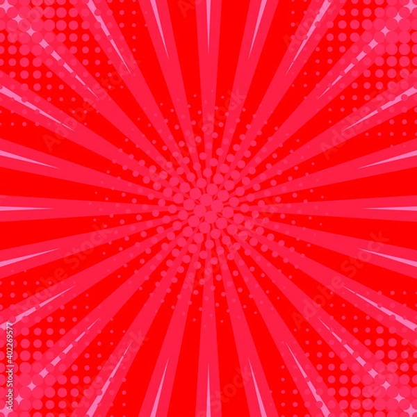 Fototapeta Abstract red striped retro comic background with halftone corners. Template with rays, dots and halftone effect texture. Vector illustration. EPS10