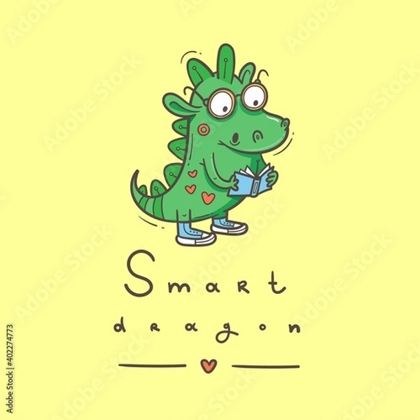 Fototapeta Card with  cute cartoon smart dragon. Funny crocodile print. Reading reptile poster. Vector doodle line art. Illustration for children. Books and studying.