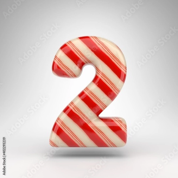 Fototapeta Number 2 on white background. Candy cane 3D number with red and white lines.
