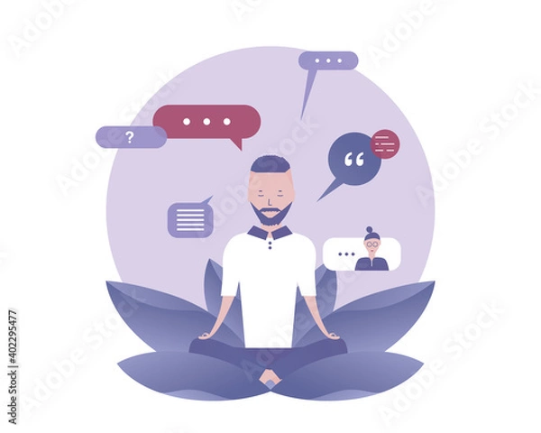 Fototapeta A man is meditating. Internal dialogue. Vector illustration for telework, remote working and freelancing, business, start up, social media and blog

