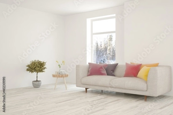 Fototapeta White living room with sofa. Scandinavian interior design. 3D illustration