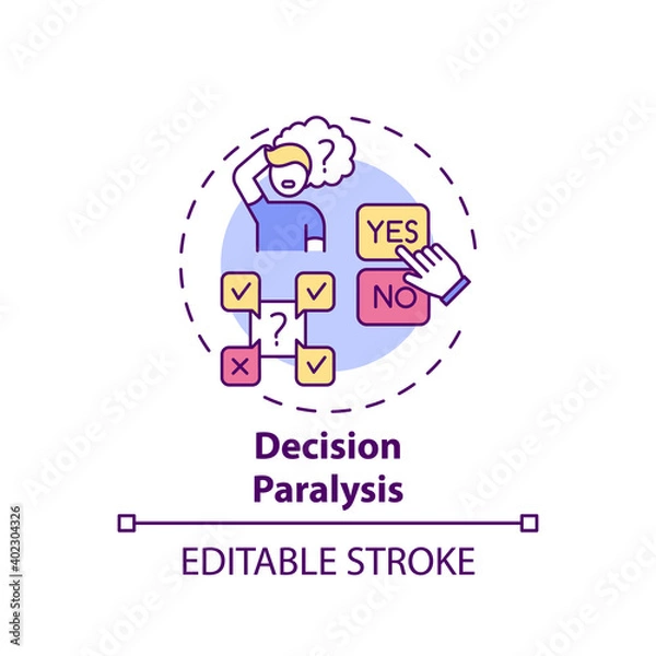 Fototapeta Decision paralysis concept icon. Procrastination reason idea thin line illustration. Inability choosing between options. Cognitive overload. Vector isolated outline RGB color drawing. Editable stroke