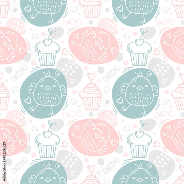 Obraz seamless pattern with traditional easter sweets and cute chicks