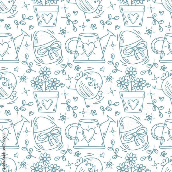 Fototapeta seamless pattern with a set of easter icons in doodle style 
