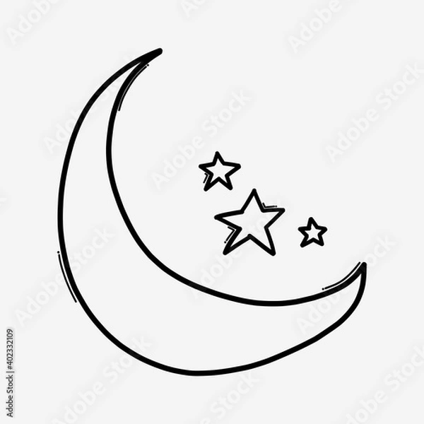 Fototapeta Moon and stars doodle vector icon. Drawing sketch illustration hand drawn line eps10