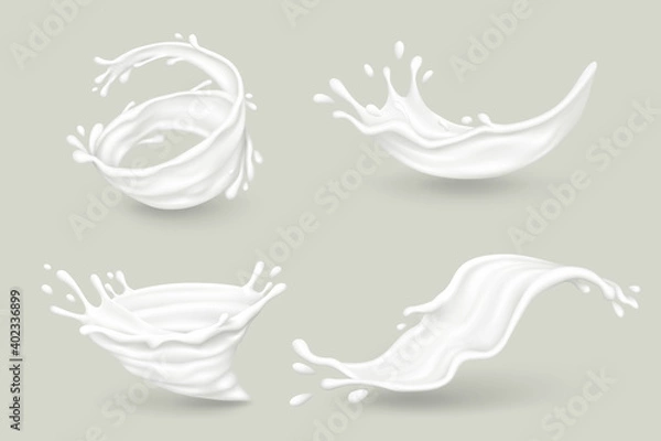 Fototapeta Milk splashes with drops on gray background. Realistic vector illustration.