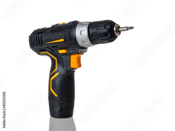 Fototapeta electric cordless screwdriver drill isolated on white background, professional home repair tool, hand power tool, copy space, mock up, design