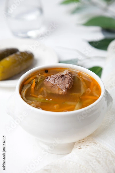 Fototapeta Soup with pickled cucumbers