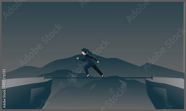 Fototapeta vector illustration of women business running on tightrope on the mountain,