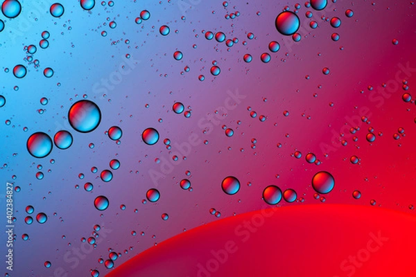 Fototapeta Blue and red bubbles. Abstract background. Bubble oil on water. Macro-photography.
