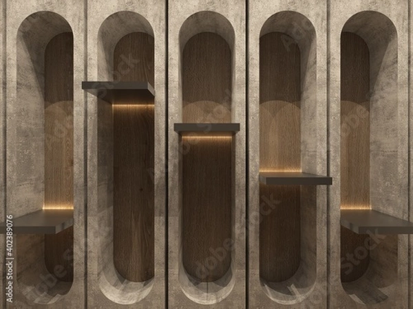Fototapeta 3d rendering of modern contemporary built in furniture with warm color scheme