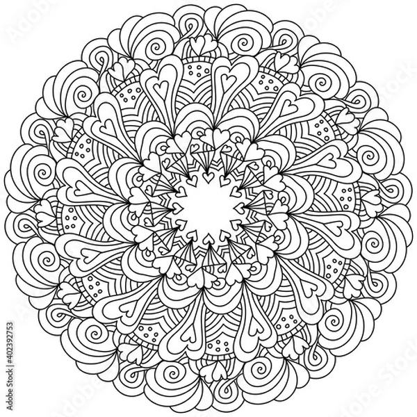Fototapeta Zen coloring page in the form of symmetrical mandala with stripes and hearts for Valentine's day, anti-stress drawing with curls and tangles