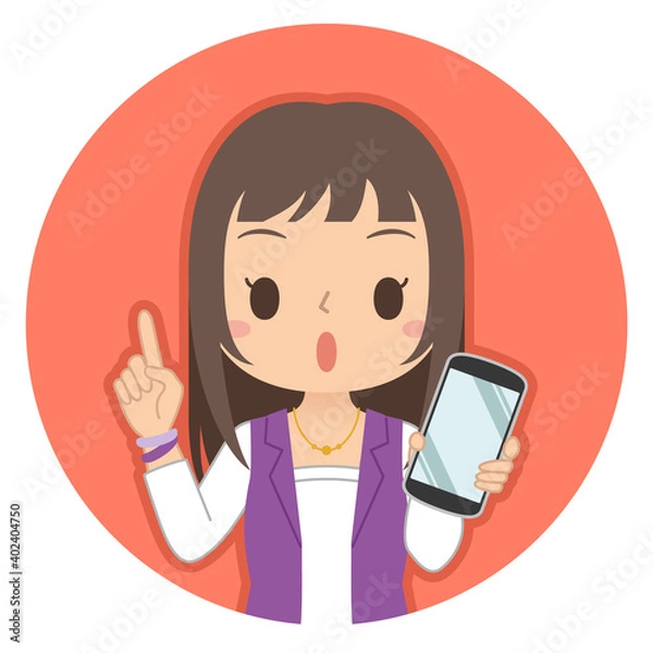 Obraz 指差しポーズでスマホを持つ女性　イラスト　アイコン