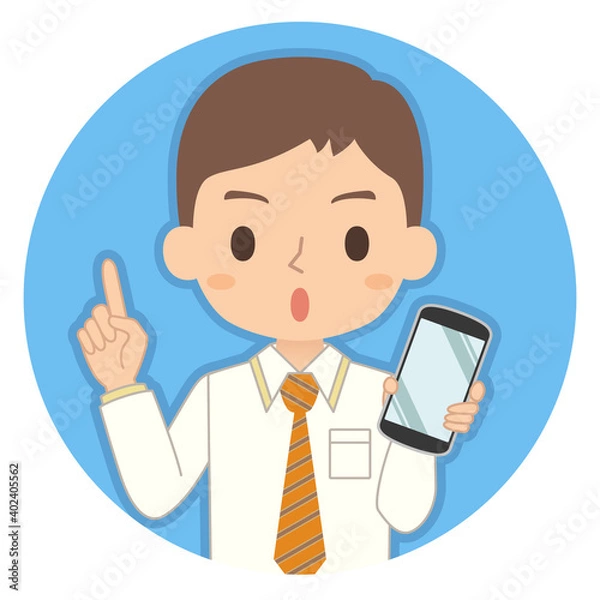 Obraz 指差しポーズでスマホを持つ男性　イラスト　アイコン