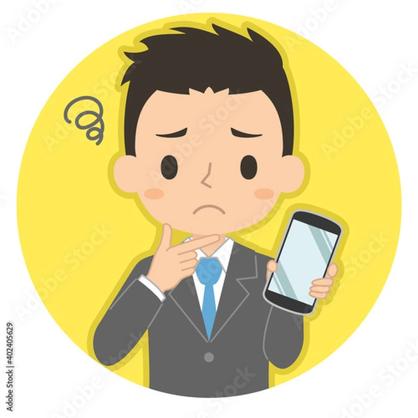 Obraz 悩み顔でスマホを持つ男性　イラスト　アイコン