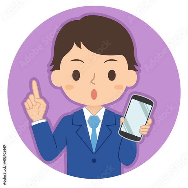 Obraz 指差しポーズでスマホを持つ男性　イラスト　アイコン