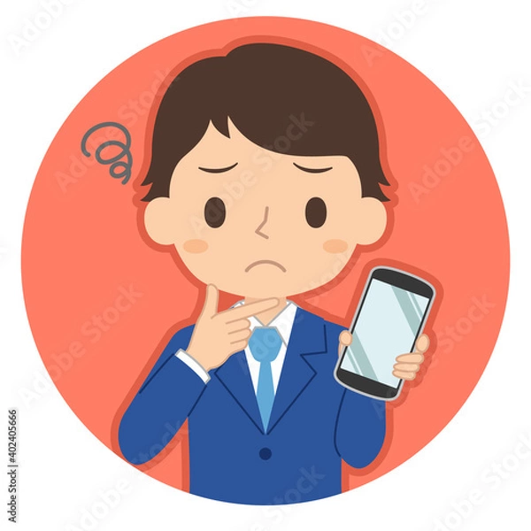 Obraz 悩み顔でスマホを持つ男性　イラスト　アイコン