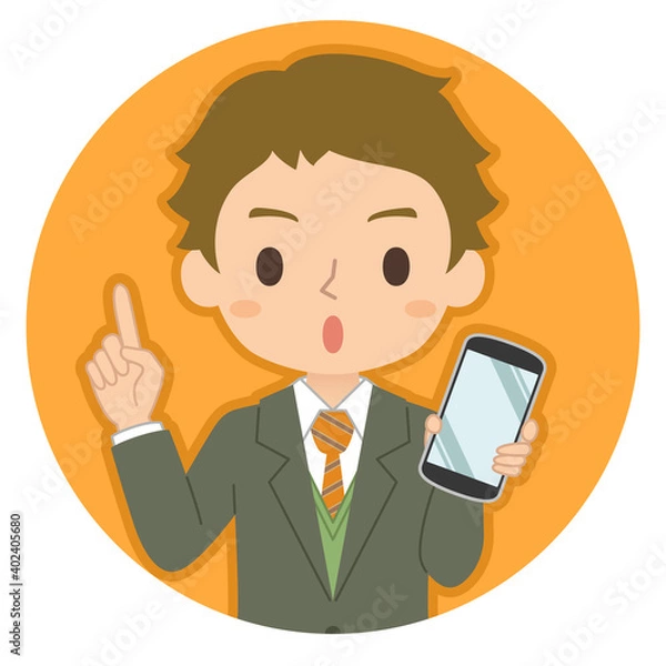 Obraz 指差しポーズでスマホを持つ男性　イラスト　アイコン