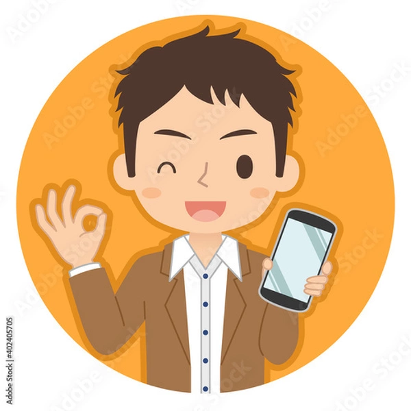 Fototapeta OKサインでスマホを持つ男性　イラスト　アイコン