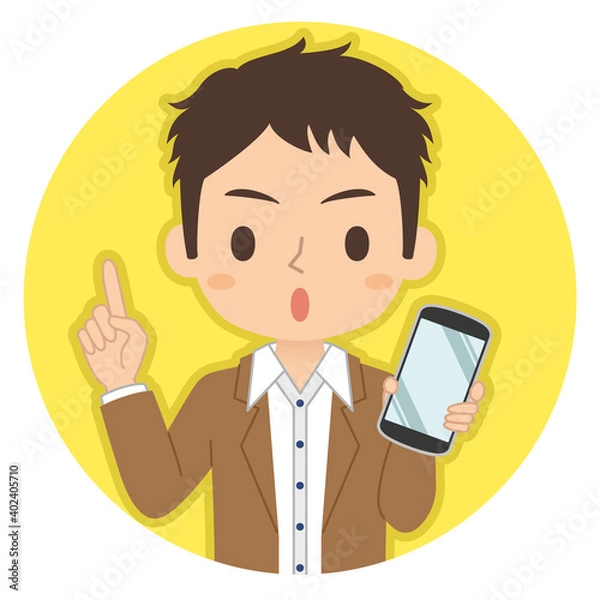 Obraz 指差しポーズでスマホを持つ男性　イラスト　アイコン