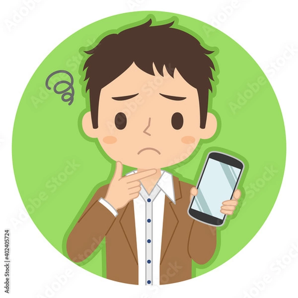 Obraz 悩み顔でスマホを持つ男性　イラスト　アイコン