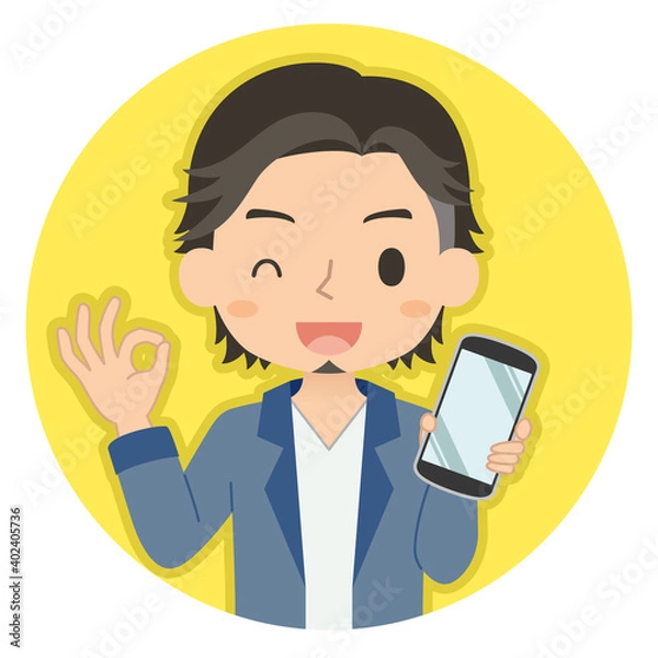 Fototapeta OKサインでスマホを持つ男性　イラスト　アイコン
