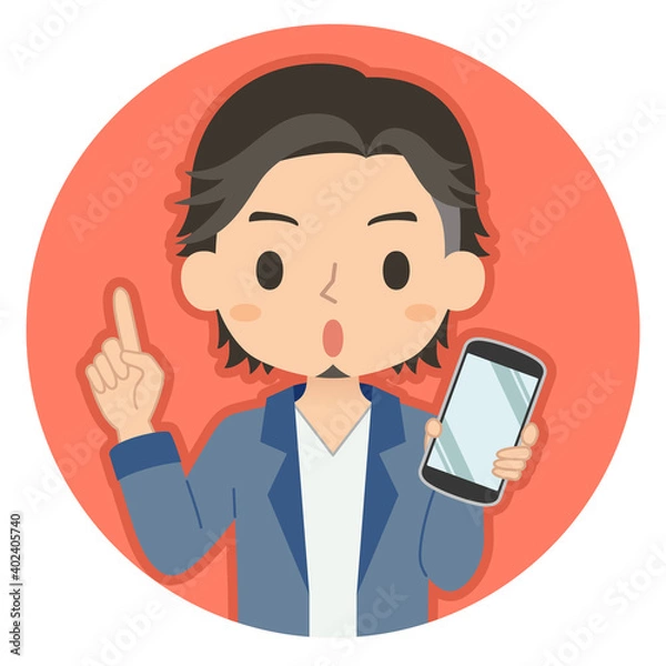 Obraz 指差しポーズでスマホを持つ男性　イラスト　アイコン