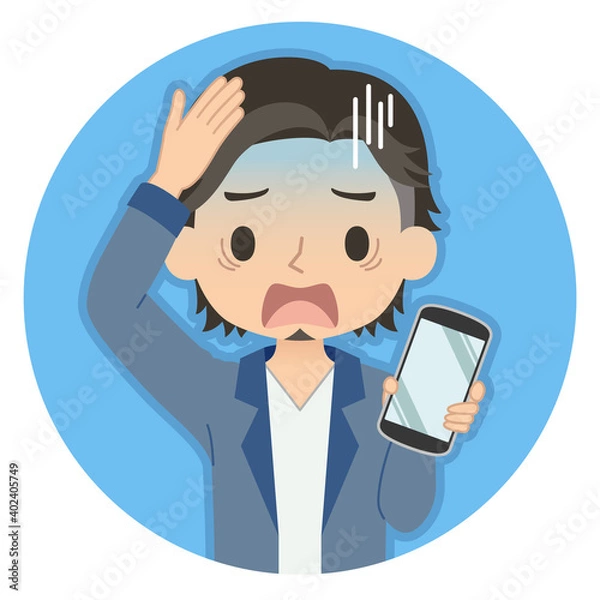 Fototapeta 焦った青い顔でスマホを持つ男性　イラスト　アイコン