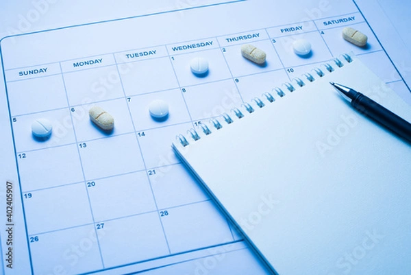 Fototapeta Taking pills due to time concept. Close up view photo of calendar with lying pills on the cells and open blank note pad with writing pen