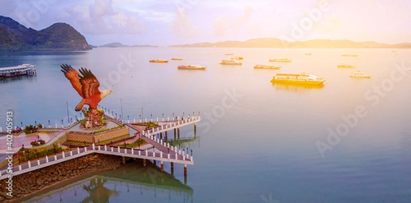 Fototapeta Aerial view of public Eagle statue, the symbol of Langkawi island, Malaysia.