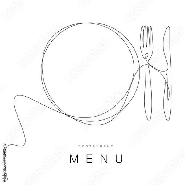 Fototapeta Menu restaurant background with plate, fork and knife. Vector illustration