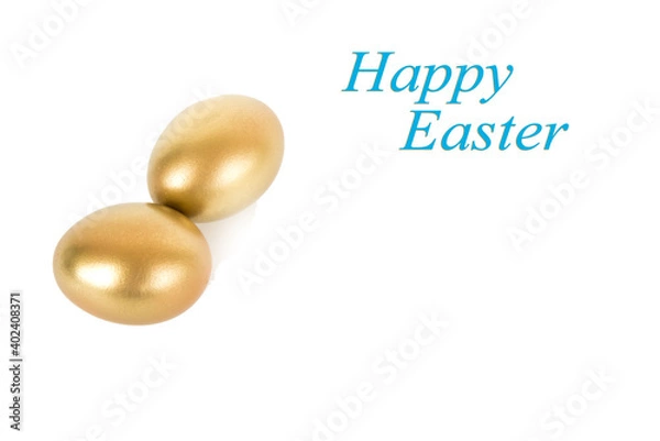 Fototapeta Golden easter eggs isolated on white background. Decorative easter decorations. Easter card. Flat layout.